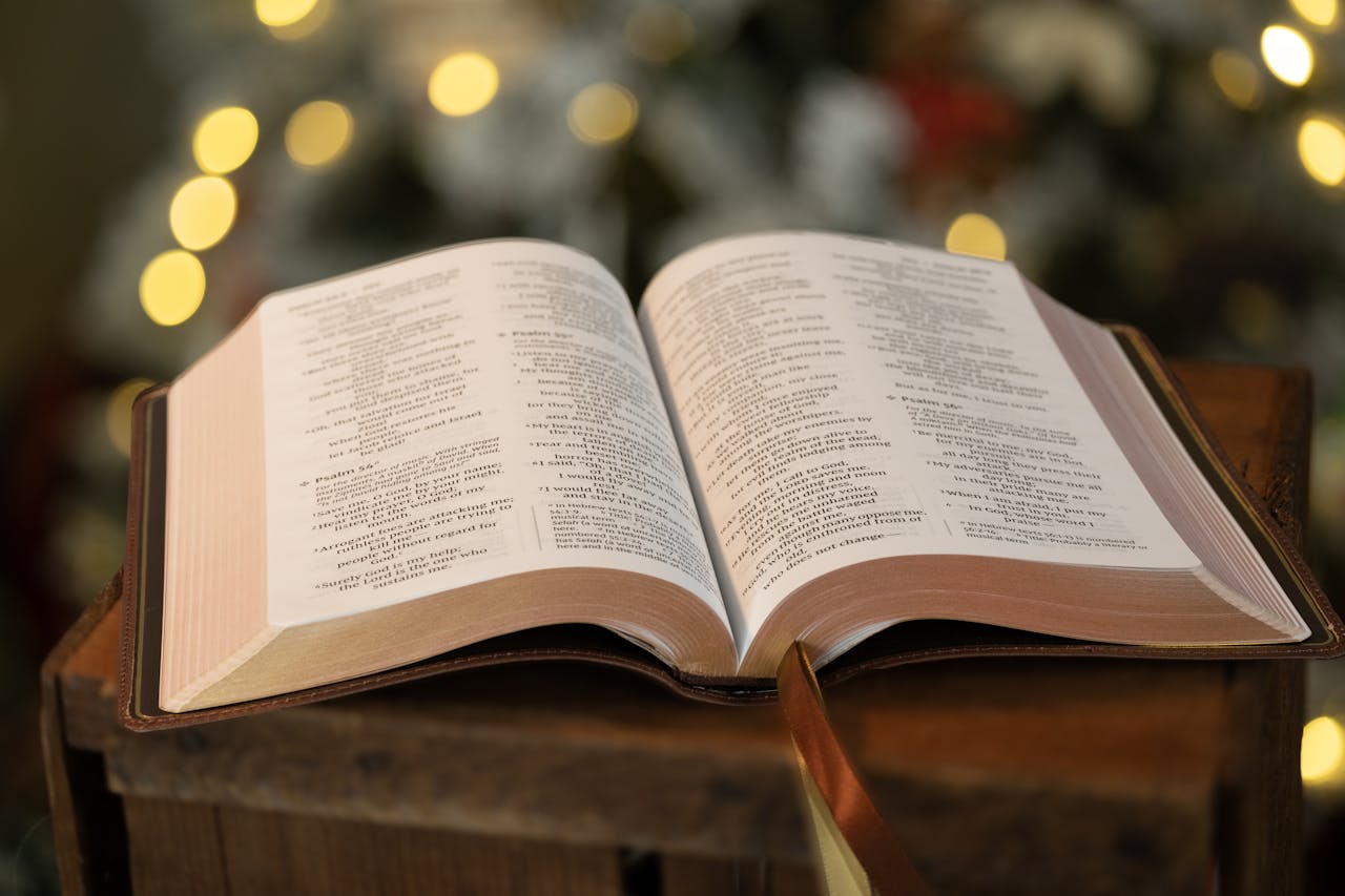 our-services-1 Open Bible resting on wooden surface with blurred festive background lights.
